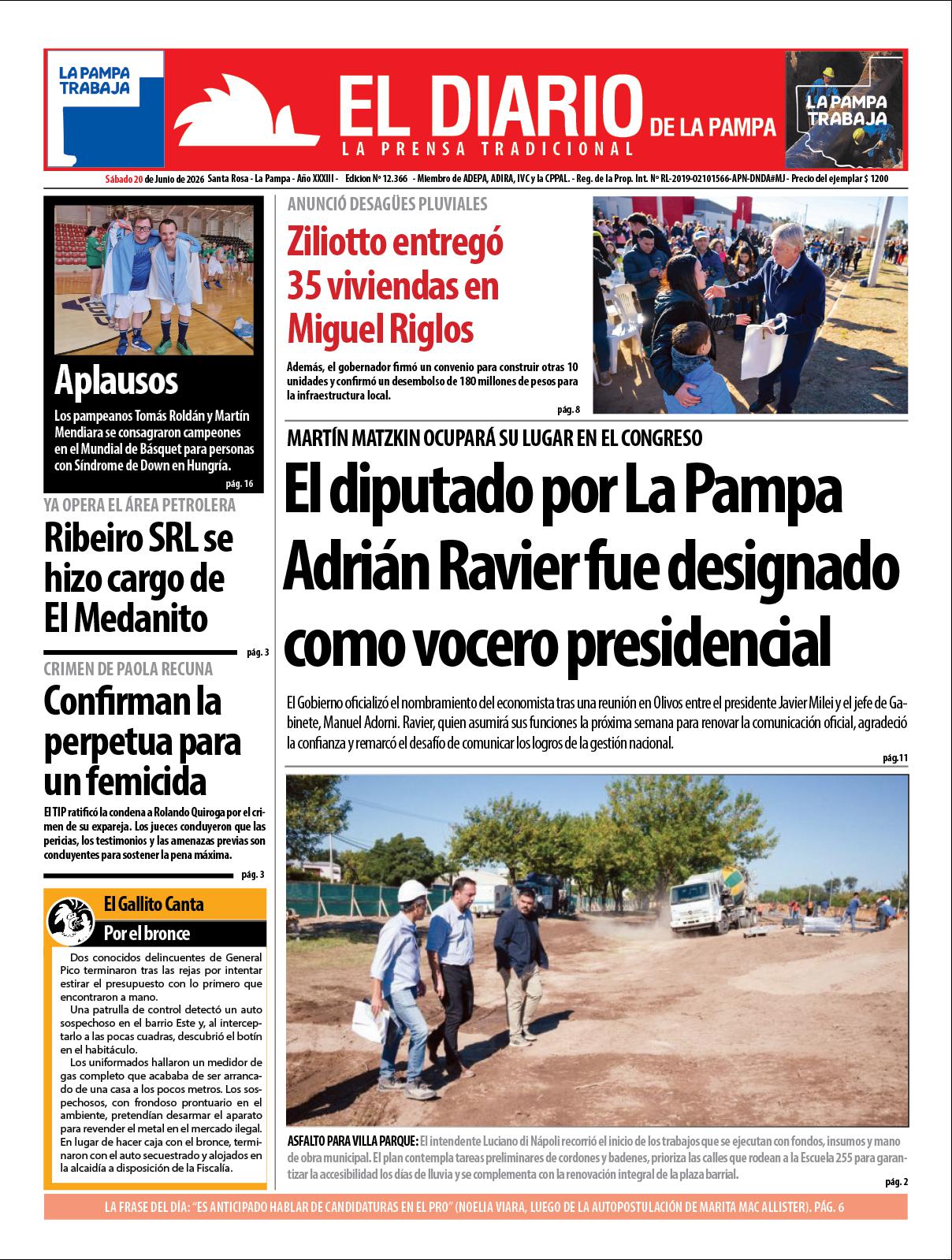 Tapa de El Diario en papel  saacutebado 20 de junio de 2026